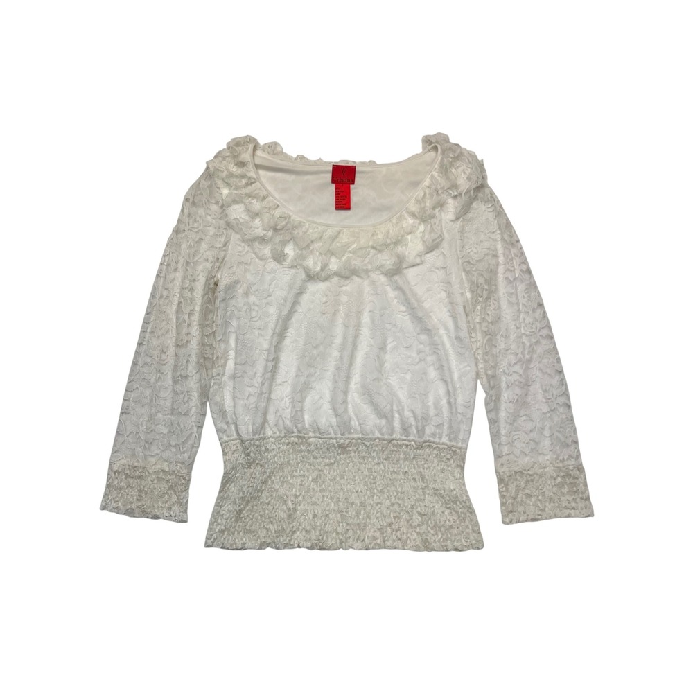 Cristina White Floral Lace Ruffle Smocked Waist Feminine Coquette Blouse Size S